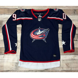 Elvis Merzlikins Jersey Womens Small Blue Reebok Capital Blue Jackets NHL Hockey